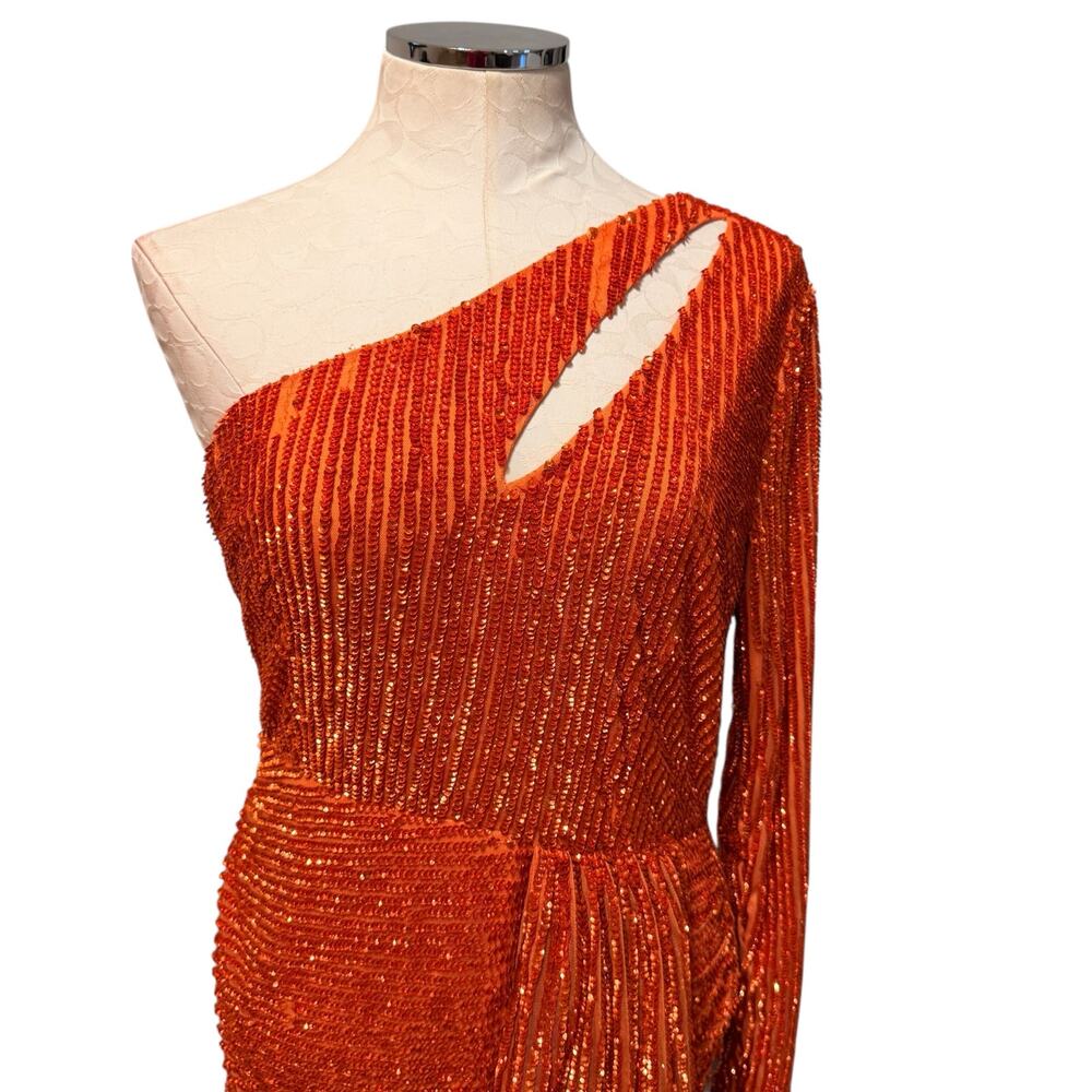 Peace + Love NWT Sequins Embellished Cut Out Draped Mini Dress in Orange Size 8 - Picture 4 of 11